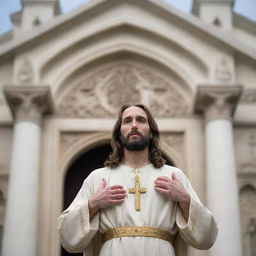 A peaceful and respectful portrayal of Lord Jesus with a cross, in front of an ornate, historical church