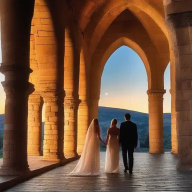 As the sun set, the couple strolled hand in hand beneath the moonlit arches, admiring the delicate squinch in the ancient structure.