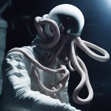 The alien creature's tentacles lashed out, causing the captured astronaut to squinch in agony.