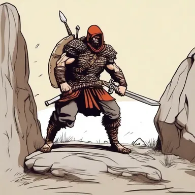 The brave warrior squinched down behind a rock, preparing to ambush the approaching enemy.