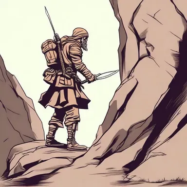 The brave warrior squinched down behind a rock, preparing to ambush the approaching enemy.