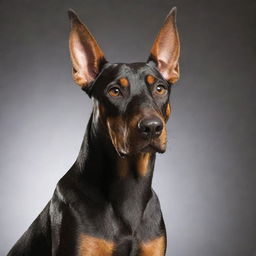 A Doberman Pinscher sitting in a clear background, well-groomed with a shiny coat reflecting light. Its alert eyes are focused on the viewer's direction.