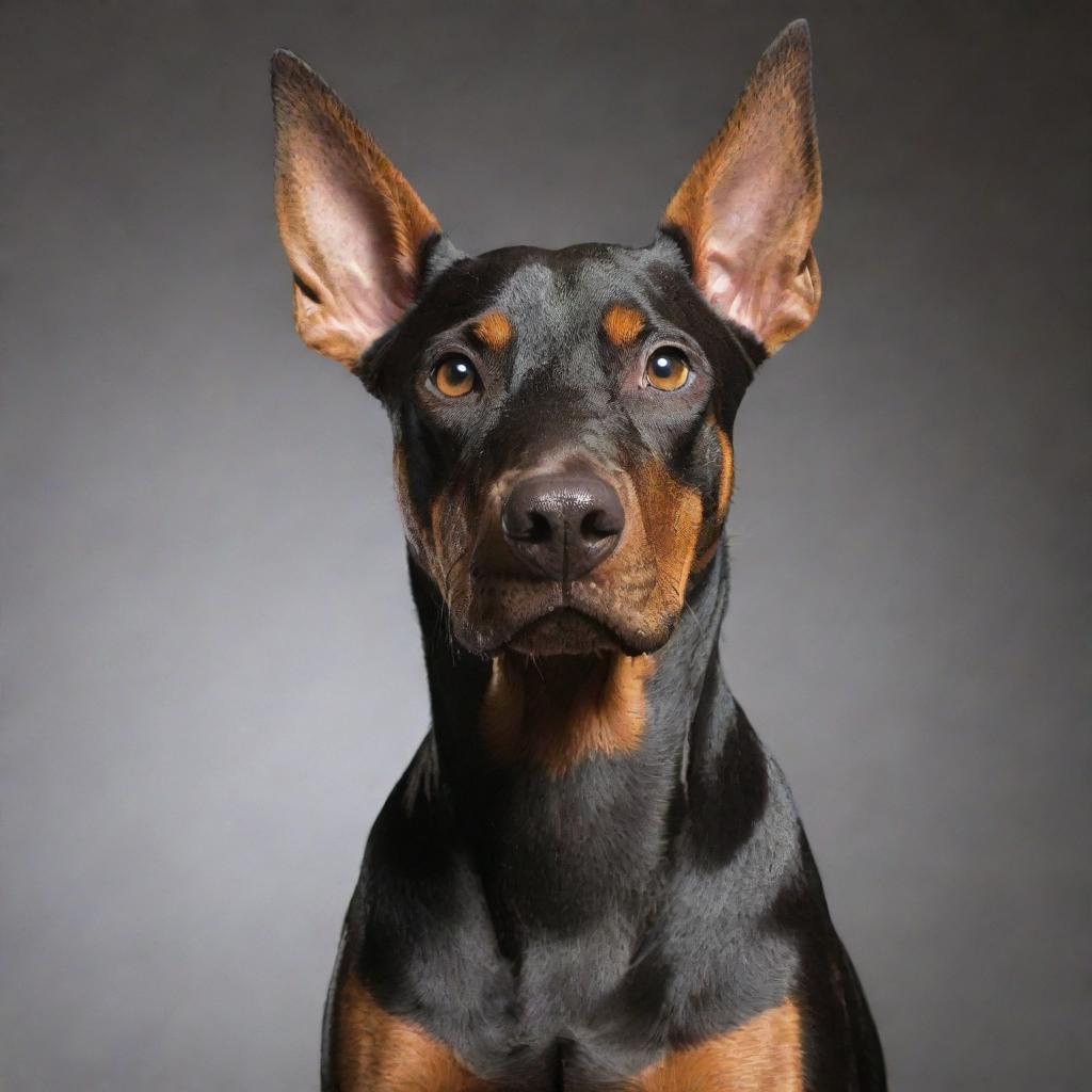 A Doberman Pinscher sitting in a clear background, well-groomed with a shiny coat reflecting light. Its alert eyes are focused on the viewer's direction.