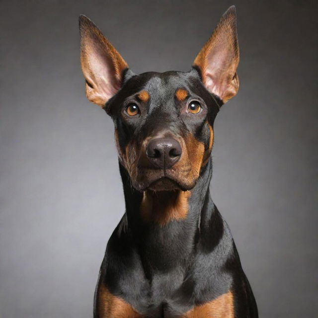 A Doberman Pinscher sitting in a clear background, well-groomed with a shiny coat reflecting light. Its alert eyes are focused on the viewer's direction.