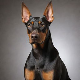 A Doberman Pinscher sitting in a clear background, well-groomed with a shiny coat reflecting light. Its alert eyes are focused on the viewer's direction.