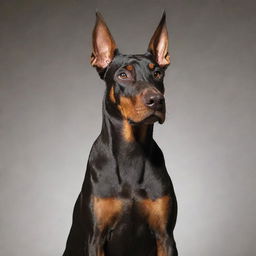 A Doberman Pinscher sitting in a clear background, well-groomed with a shiny coat reflecting light. Its alert eyes are focused on the viewer's direction.