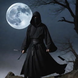 A stealthy ninja adorned in a flowing black robe, poised for action under the moonlit night.