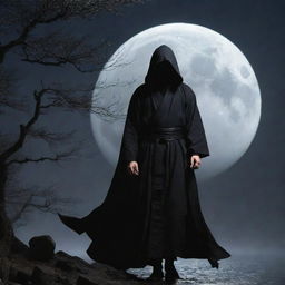 A stealthy ninja adorned in a flowing black robe, poised for action under the moonlit night.