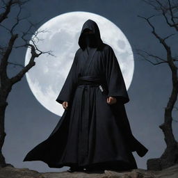 A stealthy ninja adorned in a flowing black robe, poised for action under the moonlit night.