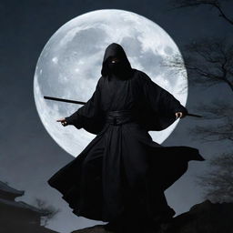 A stealthy ninja adorned in a flowing black robe, poised for action under the moonlit night.