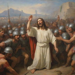 A historically accurate painting-like depiction of a scene with Jesus crying near Roman troops