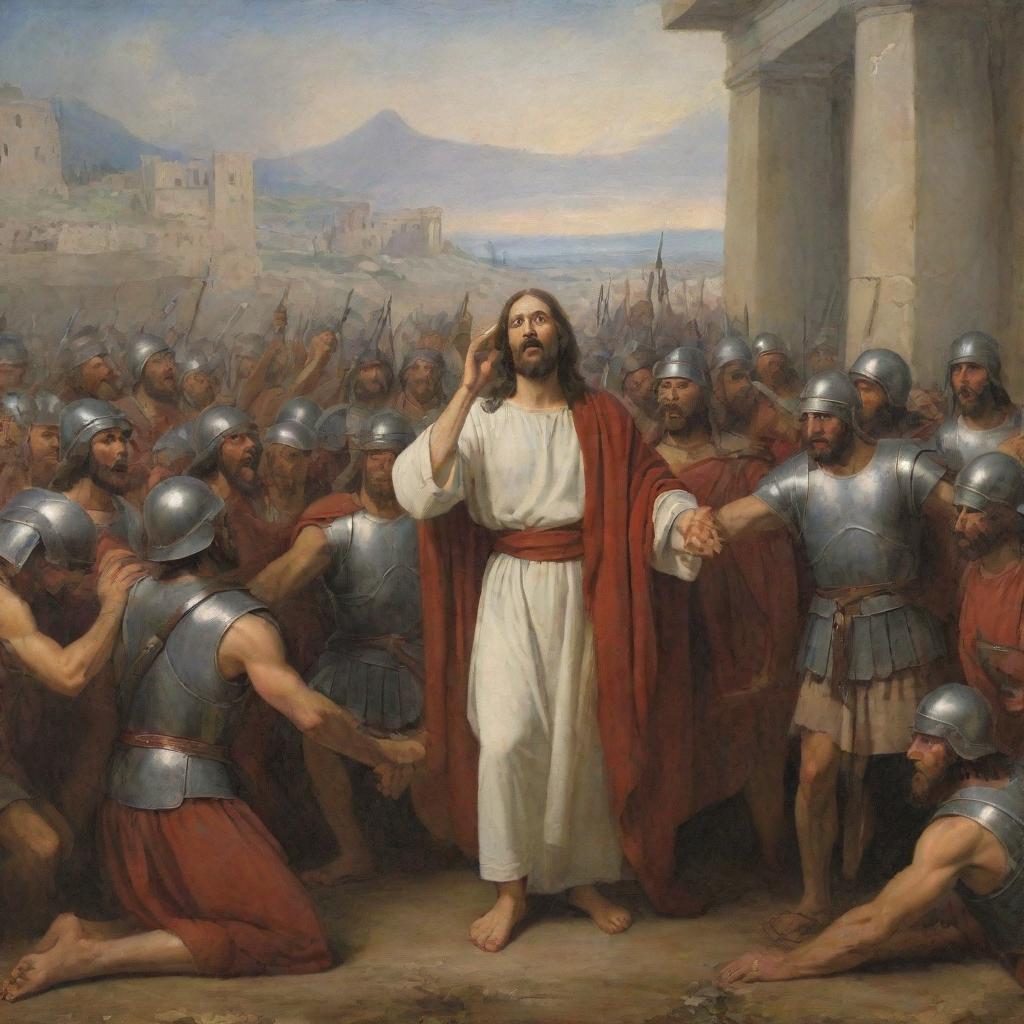 A historically accurate painting-like depiction of a scene with Jesus crying near Roman troops