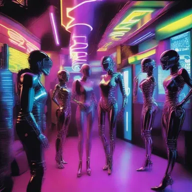 In the futuristic city depicted in the science fiction story, the cyborgs participate in wild carousing every weekend in the neon-lit clubs.