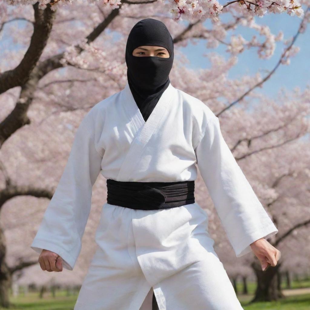 A swift ninja in a flowing white robe, standing poised under a blooming cherry tree.