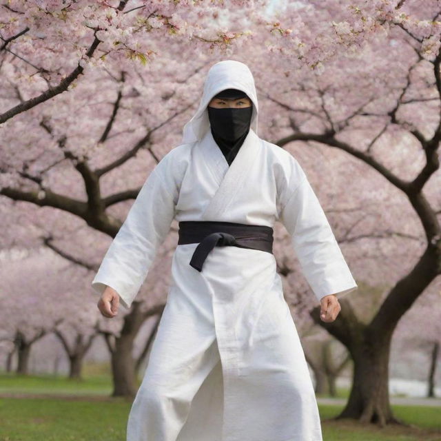 A swift ninja in a flowing white robe, standing poised under a blooming cherry tree.