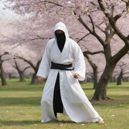 A swift ninja in a flowing white robe, standing poised under a blooming cherry tree.