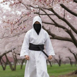 A swift ninja in a flowing white robe, standing poised under a blooming cherry tree.