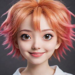 An anime-style face, with large expressive eyes, a small nose, and a cheerful smile. The hair should be styled in a unique and colorful way, typical to anime characters.