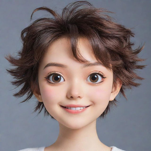 An anime-style face, with large expressive eyes, a small nose, and a cheerful smile. The hair should be styled in a unique and colorful way, typical to anime characters.