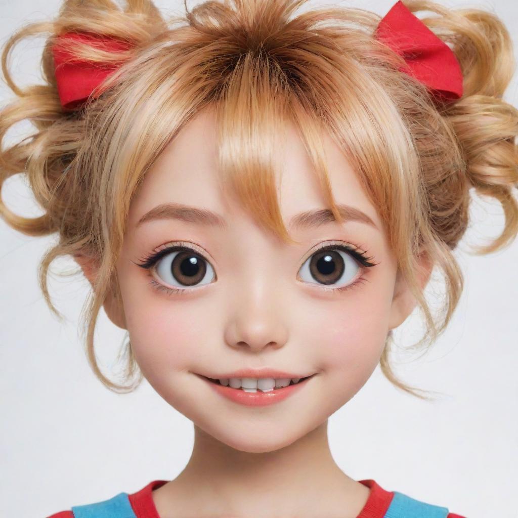 An anime-style face, with large expressive eyes, a small nose, and a cheerful smile. The hair should be styled in a unique and colorful way, typical to anime characters.