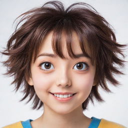 An anime-style face, with large expressive eyes, a small nose, and a cheerful smile. The hair should be styled in a unique and colorful way, typical to anime characters.