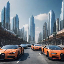 A futuristic cityscape with Bugatti cars having Bitcoin logos and cutting-edge architecture