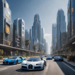 A futuristic cityscape with Bugatti cars having Bitcoin logos and cutting-edge architecture