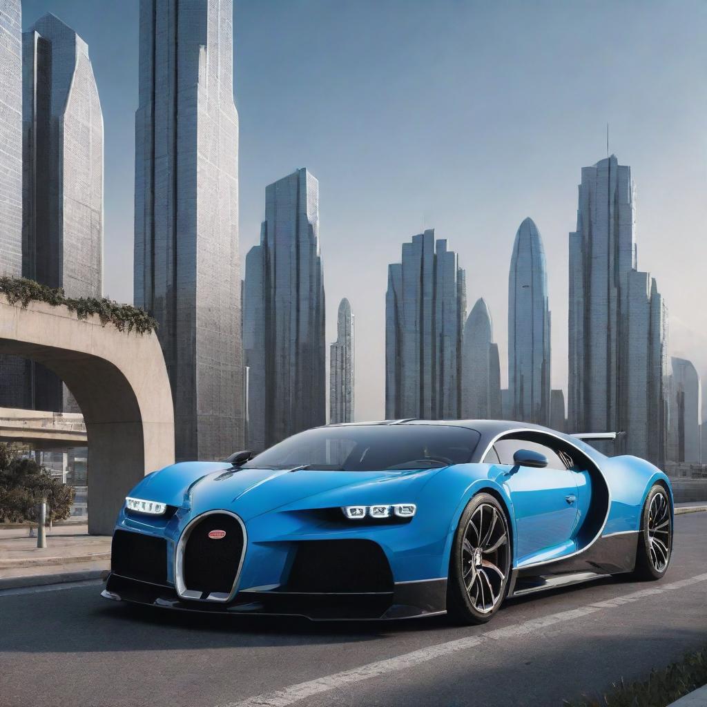 A futuristic cityscape with Bugatti cars having Bitcoin logos and cutting-edge architecture