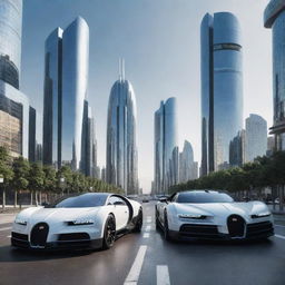 A futuristic cityscape with Bugatti cars having Bitcoin logos and cutting-edge architecture