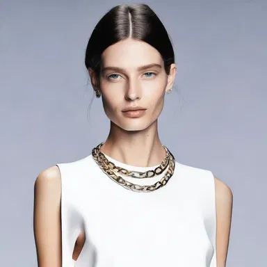 The oversized necklace served as a fashionable counterweight to the sleek and minimalistic dress, creating a balanced and trendy look.