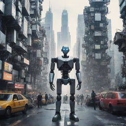 A man standing in an advanced city teeming with robots