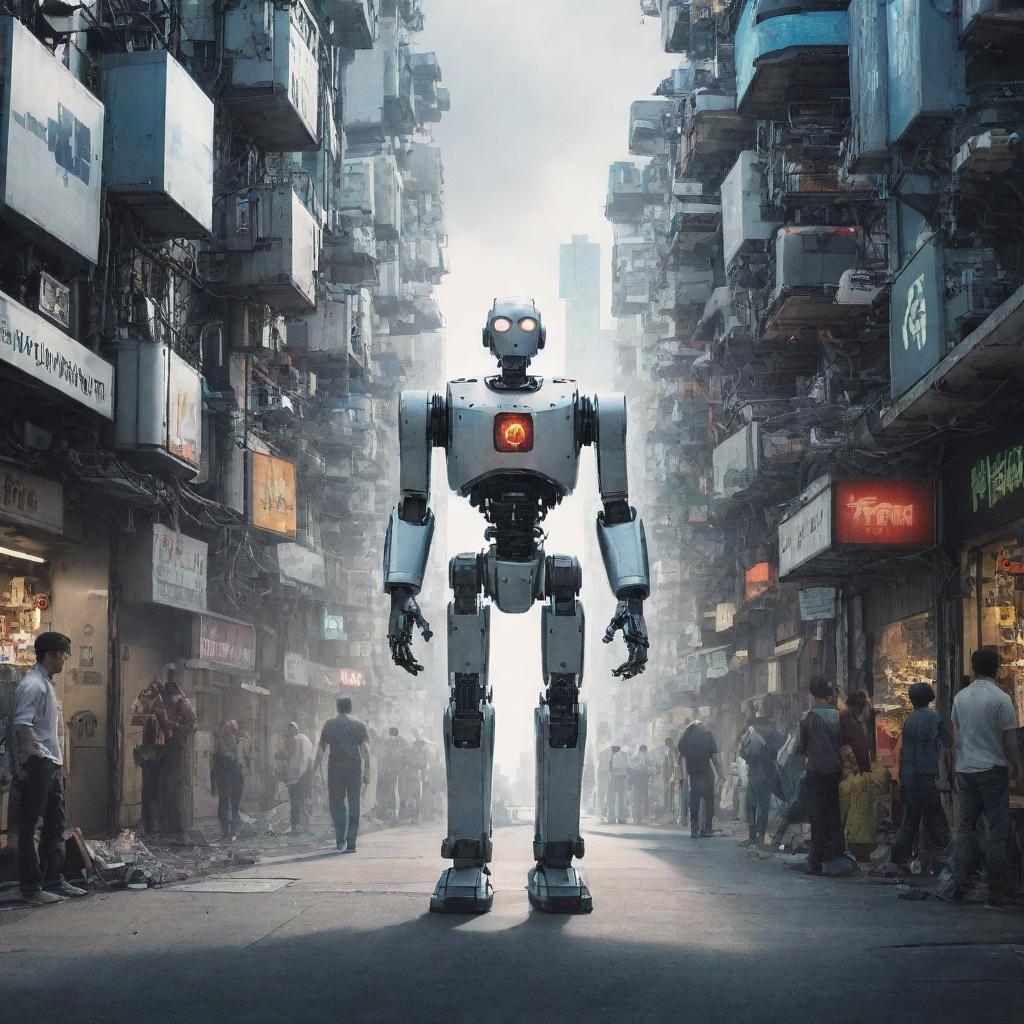 A man standing in an advanced city teeming with robots