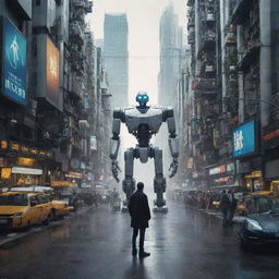 A man standing in an advanced city teeming with robots