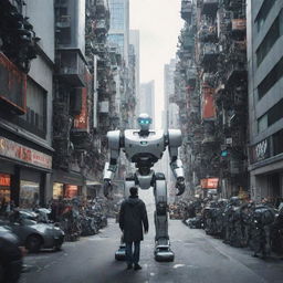 A man standing in an advanced city teeming with robots