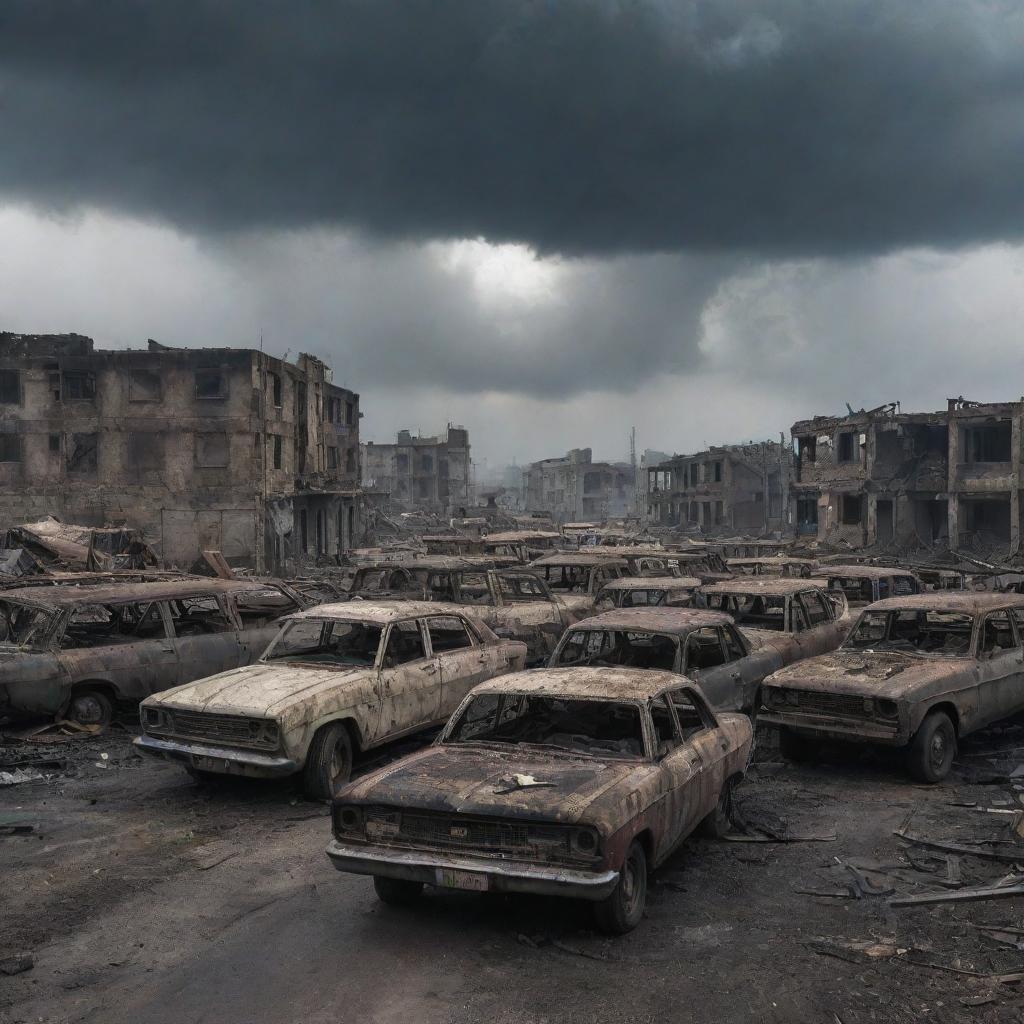 A war zone teeming with danger, showcasing dilapidated buildings, burnt-out vehicles, debris scattered around, all under a gloomy sky.