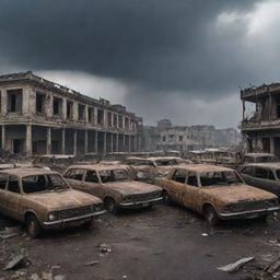 A war zone teeming with danger, showcasing dilapidated buildings, burnt-out vehicles, debris scattered around, all under a gloomy sky.