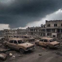 A war zone teeming with danger, showcasing dilapidated buildings, burnt-out vehicles, debris scattered around, all under a gloomy sky.