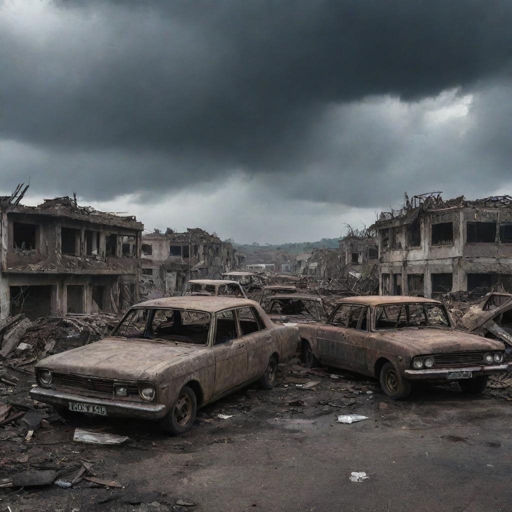 A war zone teeming with danger, showcasing dilapidated buildings, burnt-out vehicles, debris scattered around, all under a gloomy sky.