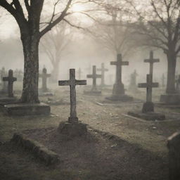 An atmospheric image of a graveyard filled with old, weathered crosses in soft, serene light.