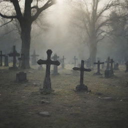 An atmospheric image of a graveyard filled with old, weathered crosses in soft, serene light.