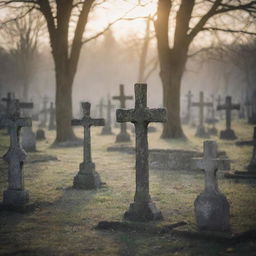 An atmospheric image of a graveyard filled with old, weathered crosses in soft, serene light.