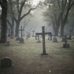 An atmospheric image of a graveyard filled with old, weathered crosses in soft, serene light.