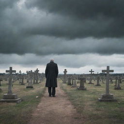 A solemn human figure walking through a graveyard brimming with weathered crosses, under a cloudy sky.