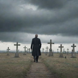 A solemn human figure walking through a graveyard brimming with weathered crosses, under a cloudy sky.