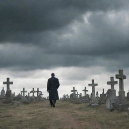 A solemn human figure walking through a graveyard brimming with weathered crosses, under a cloudy sky.