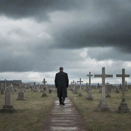 A solemn human figure walking through a graveyard brimming with weathered crosses, under a cloudy sky.