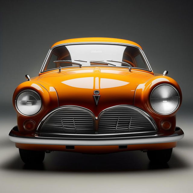 A classic car with stylized, exaggerated eyes as headlights