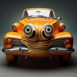 A classic car with stylized, exaggerated eyes as headlights