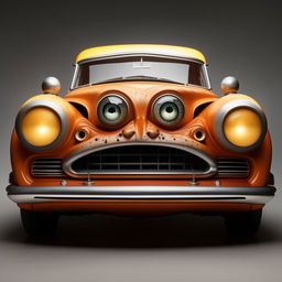 A classic car with stylized, exaggerated eyes as headlights