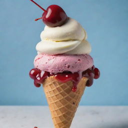 A lavishly decadent ice cream dripping from a cone, painted with vibrant colors, topped with a luscious cherry.